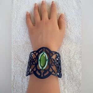 Intricate Blue Cuff Bracelet with Green Accent Rhinestone